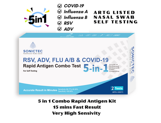 Sonictec 5 in 1 RSV, ADV, FLU A/B & COVID-19 Self Test Kit 2 tests