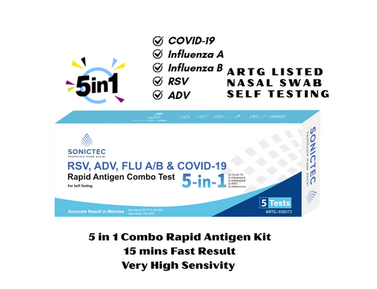Sonictec 5 in 1 RSV, ADV, FLU A/B & COVID-19 Self Test Kit 5 tests